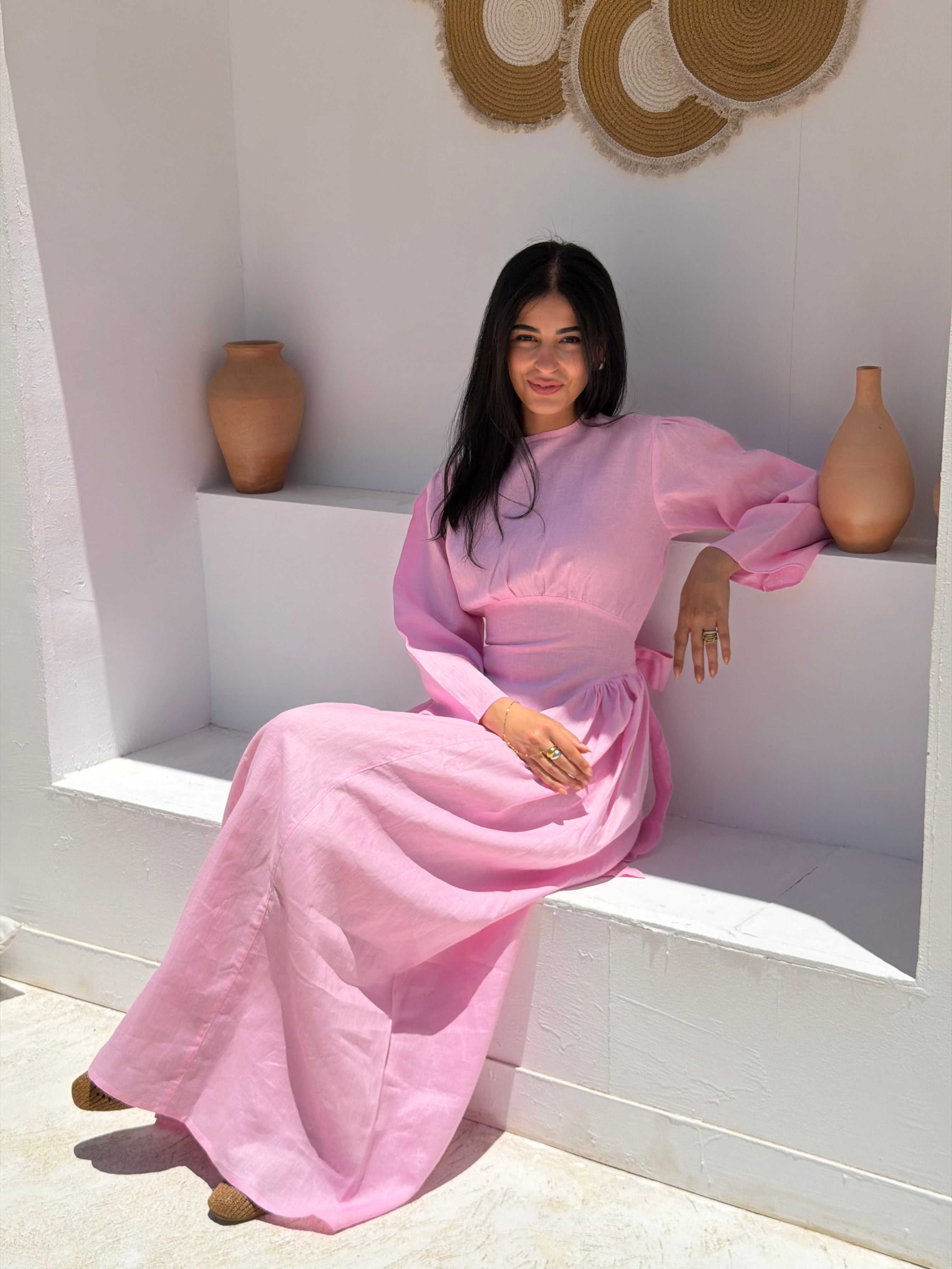 Soft Pink Waisted Dress (Full Sleeves)