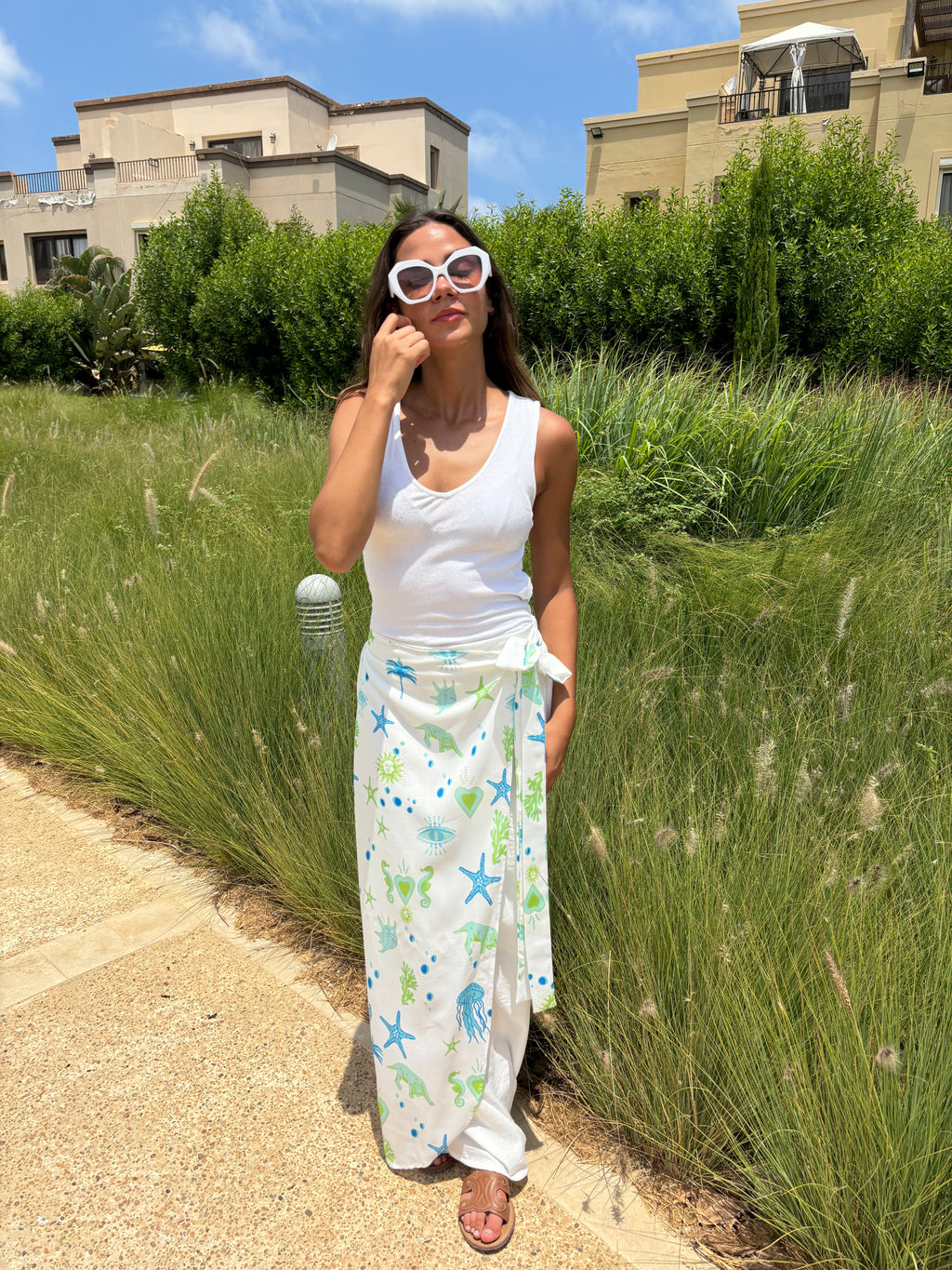 Seashells Printed Linen Skirt in Mint