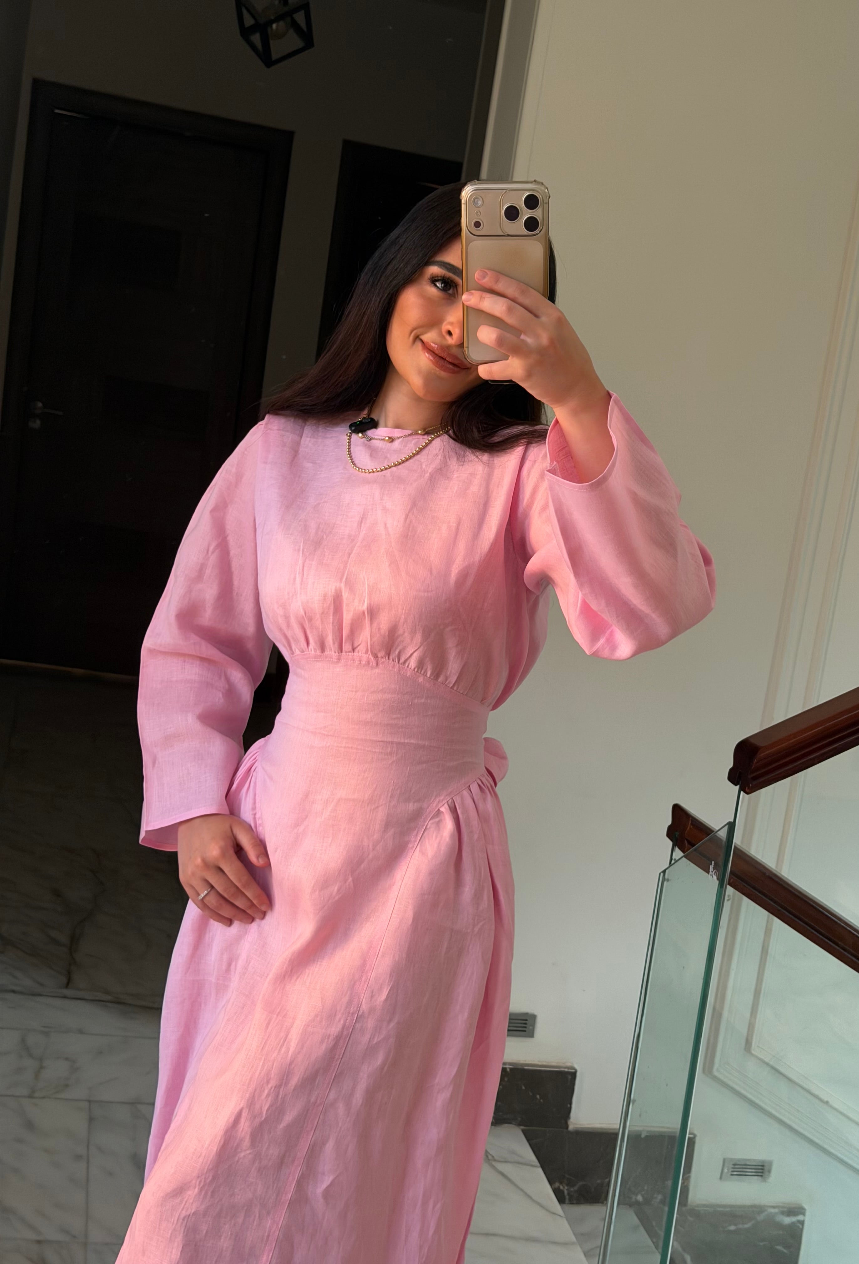 Soft Pink Waisted Dress (Full Sleeves)
