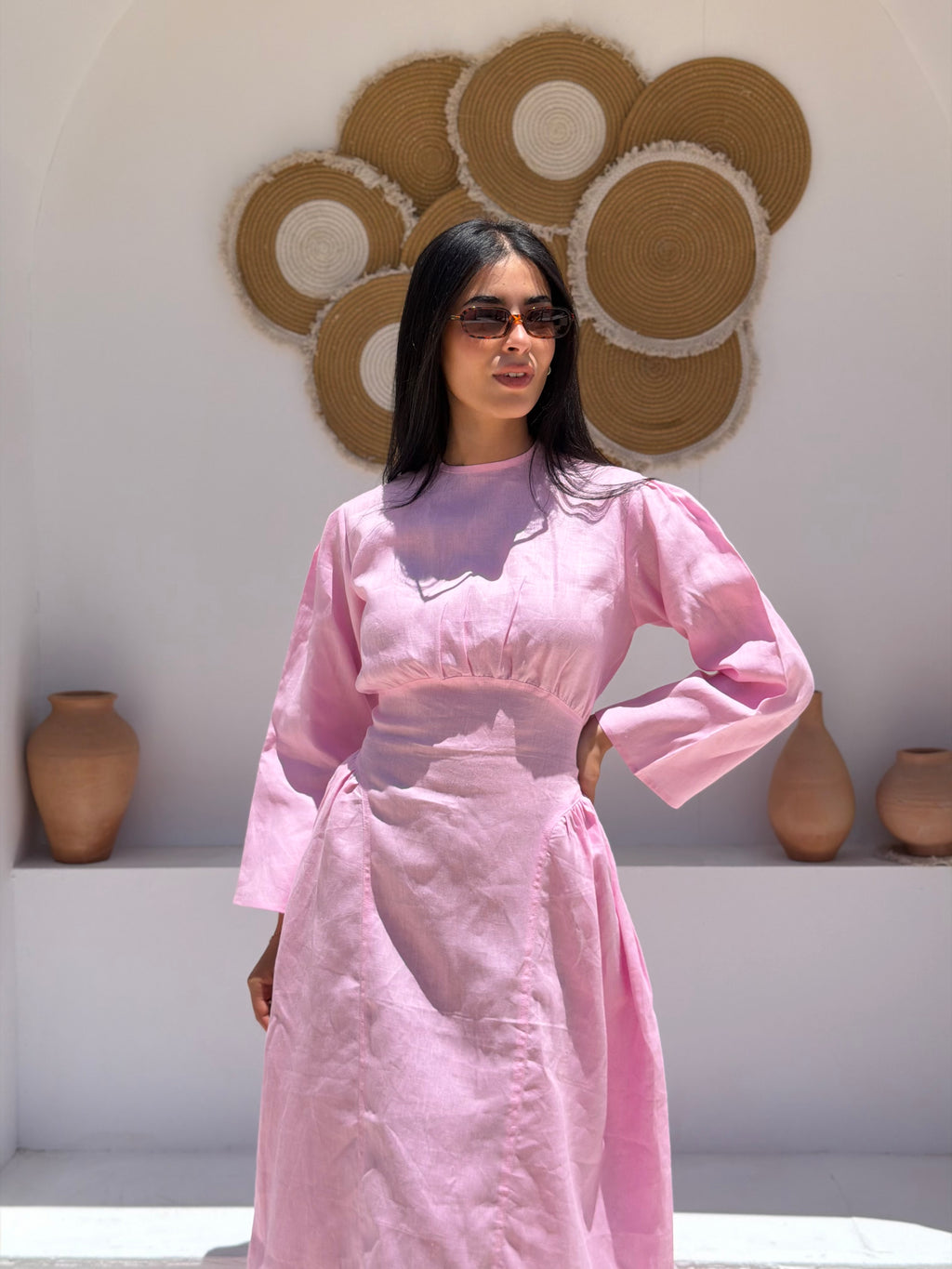 Soft Pink Waisted Dress (Full Sleeves)
