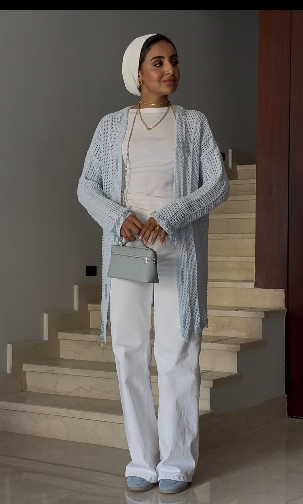 Beaded Knit Cardigan in Baby Blue