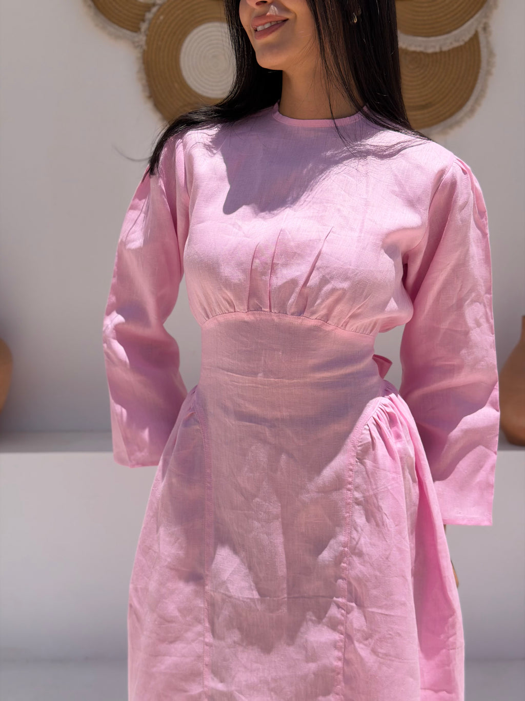 Soft Pink Waisted Dress (Full Sleeves)