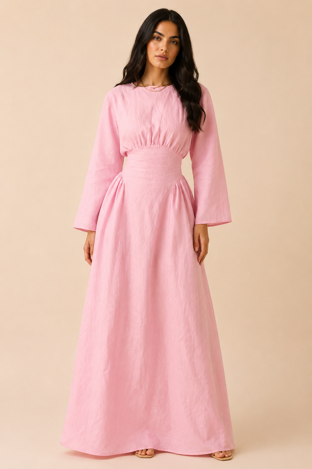 Soft Pink Waisted Dress (Full Sleeves)