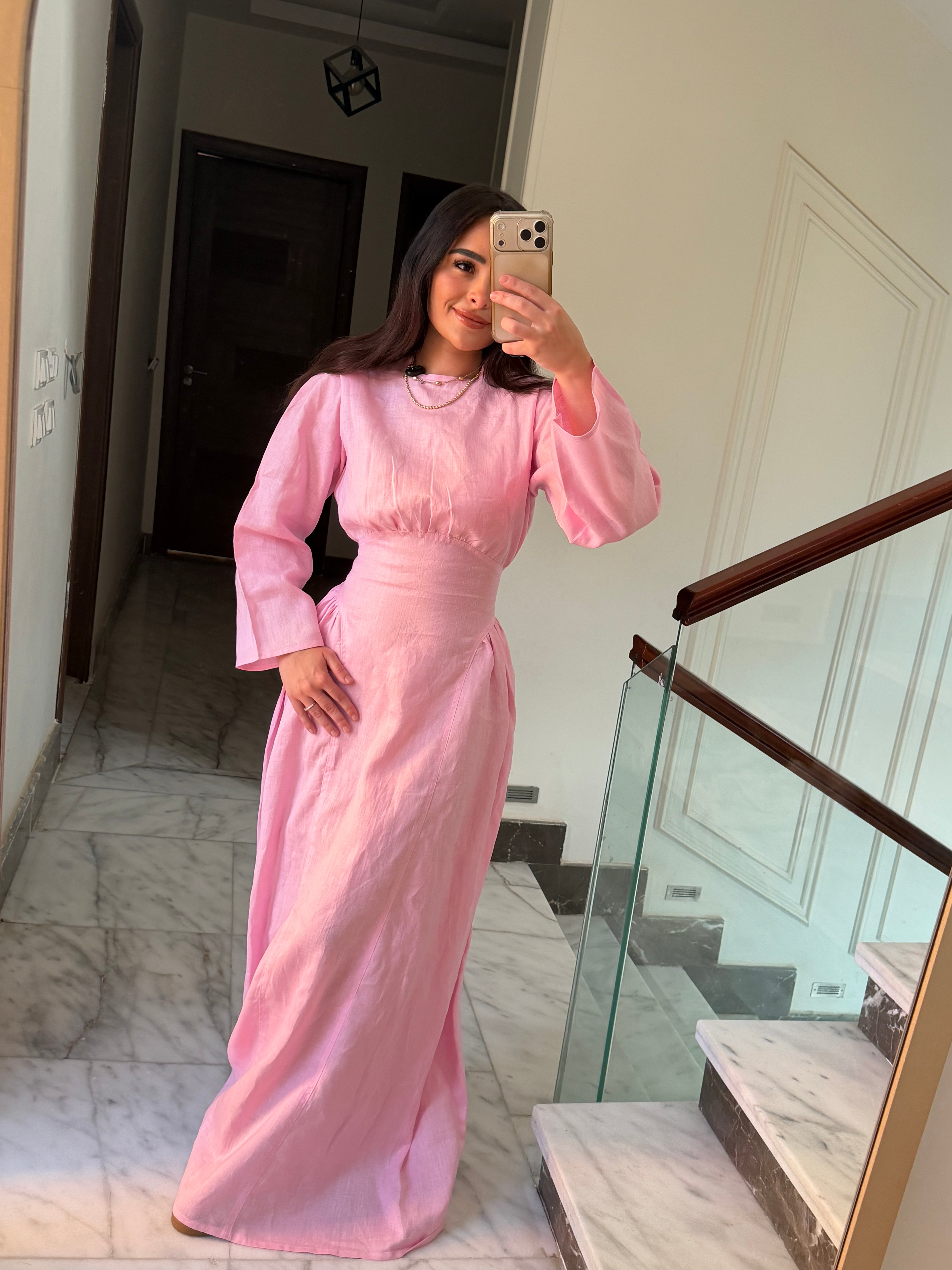 Soft Pink Waisted Dress (Full Sleeves)