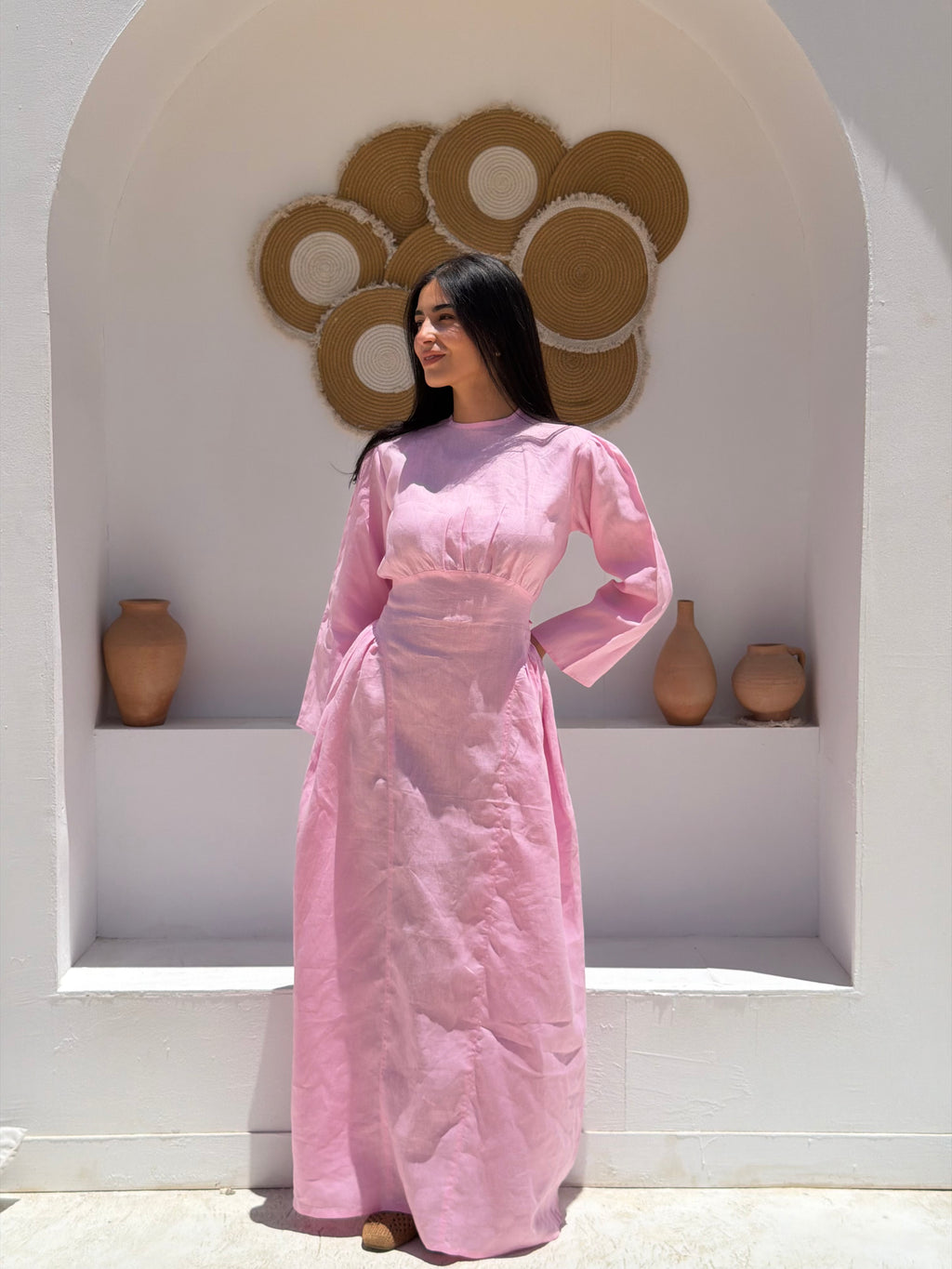 Soft Pink Waisted Dress (Full Sleeves)