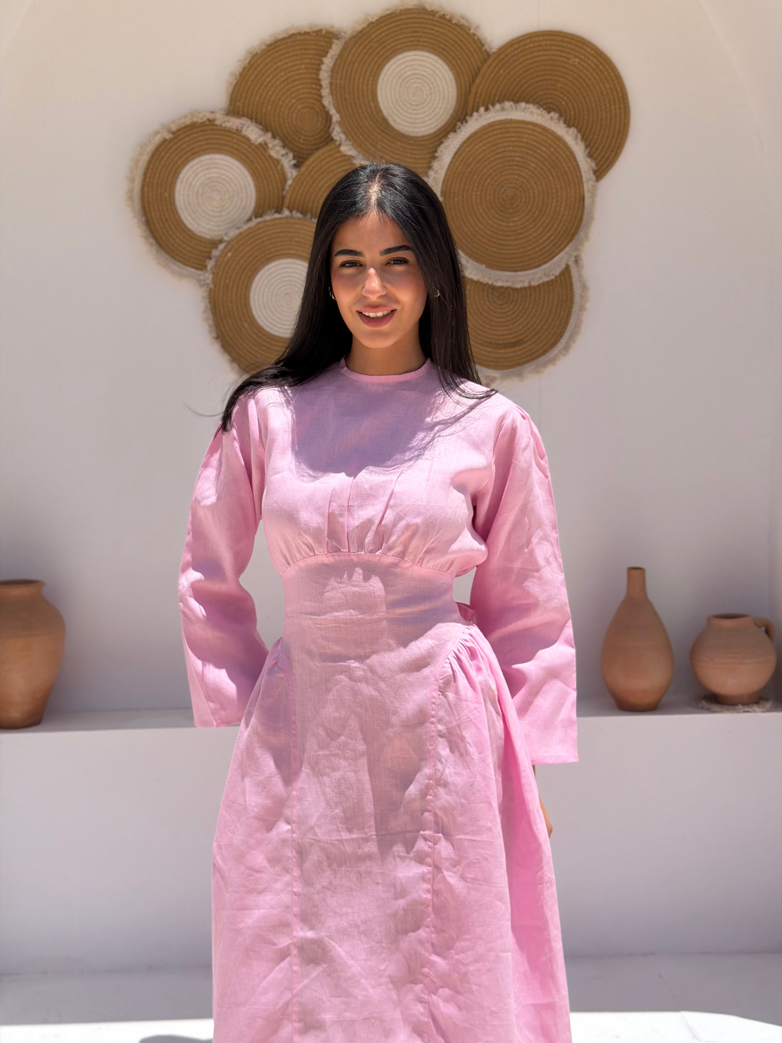 Soft Pink Waisted Dress (Full Sleeves)