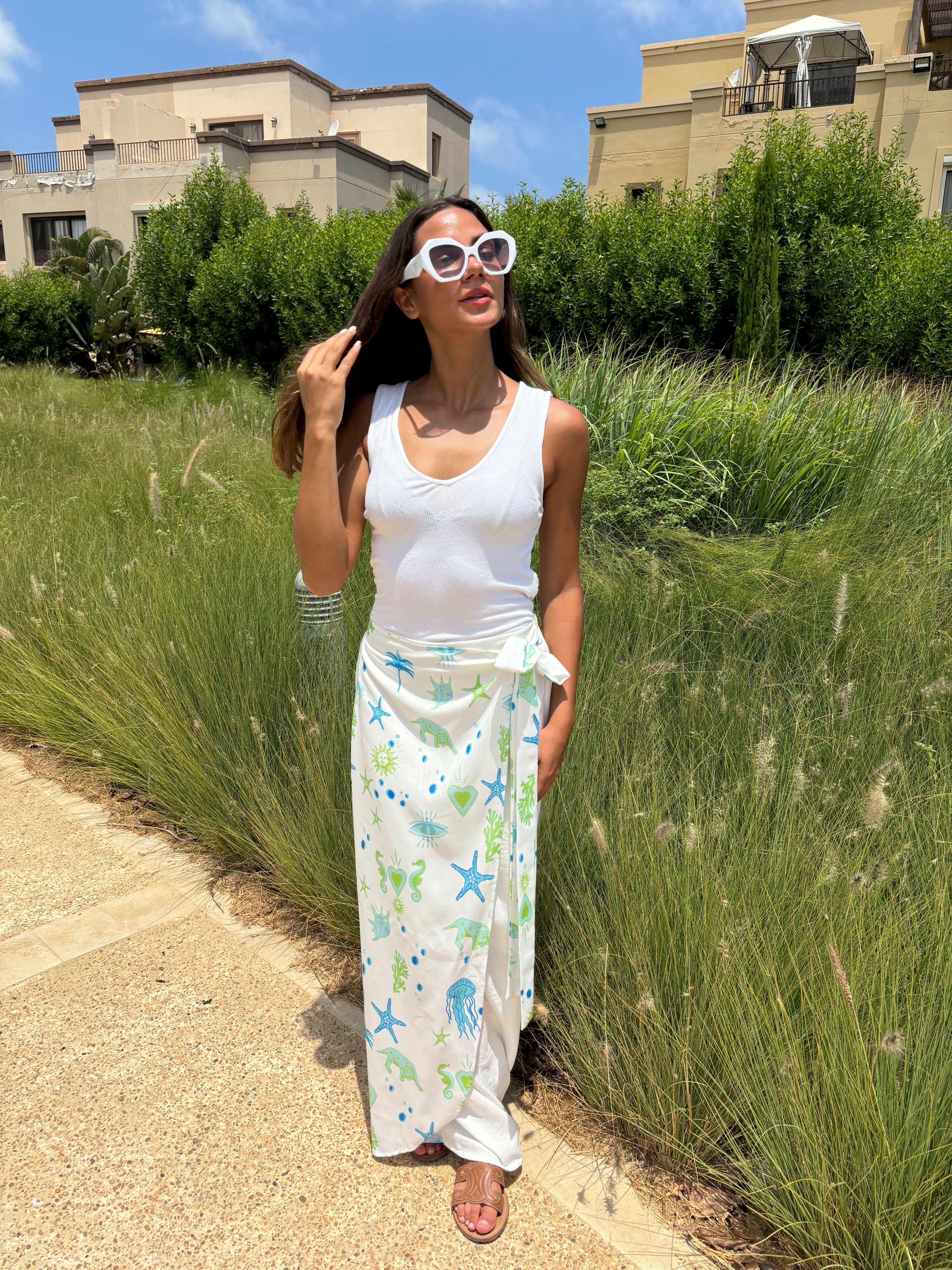 Seashells Printed Linen Skirt in Mint