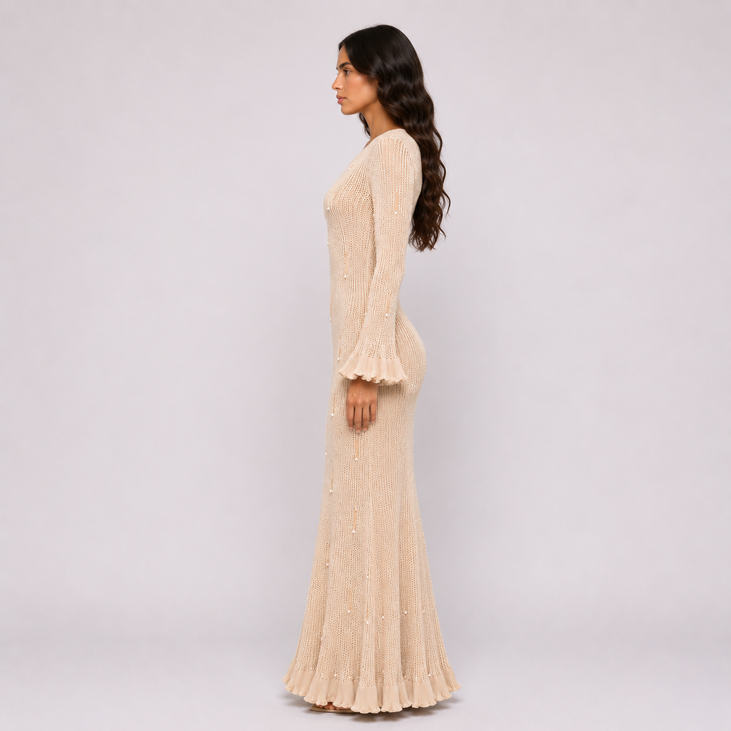 Beaded Knit Dress in Beige