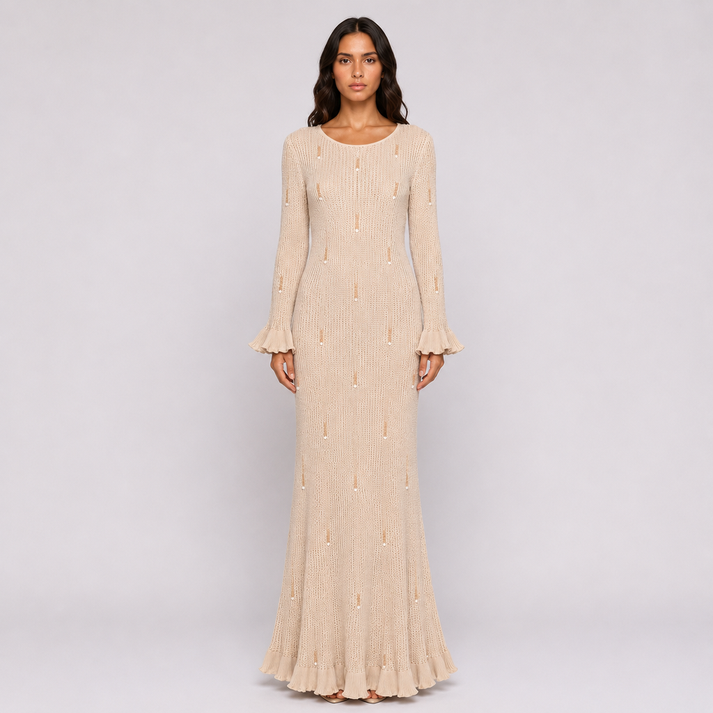 Beaded Knit Dress in Beige
