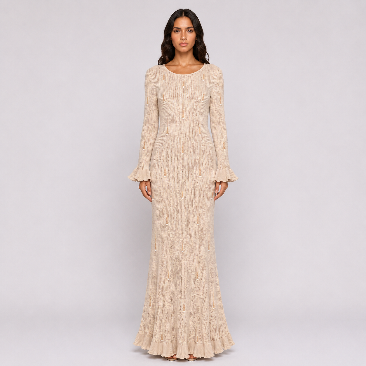 Beaded Knit Dress in Beige