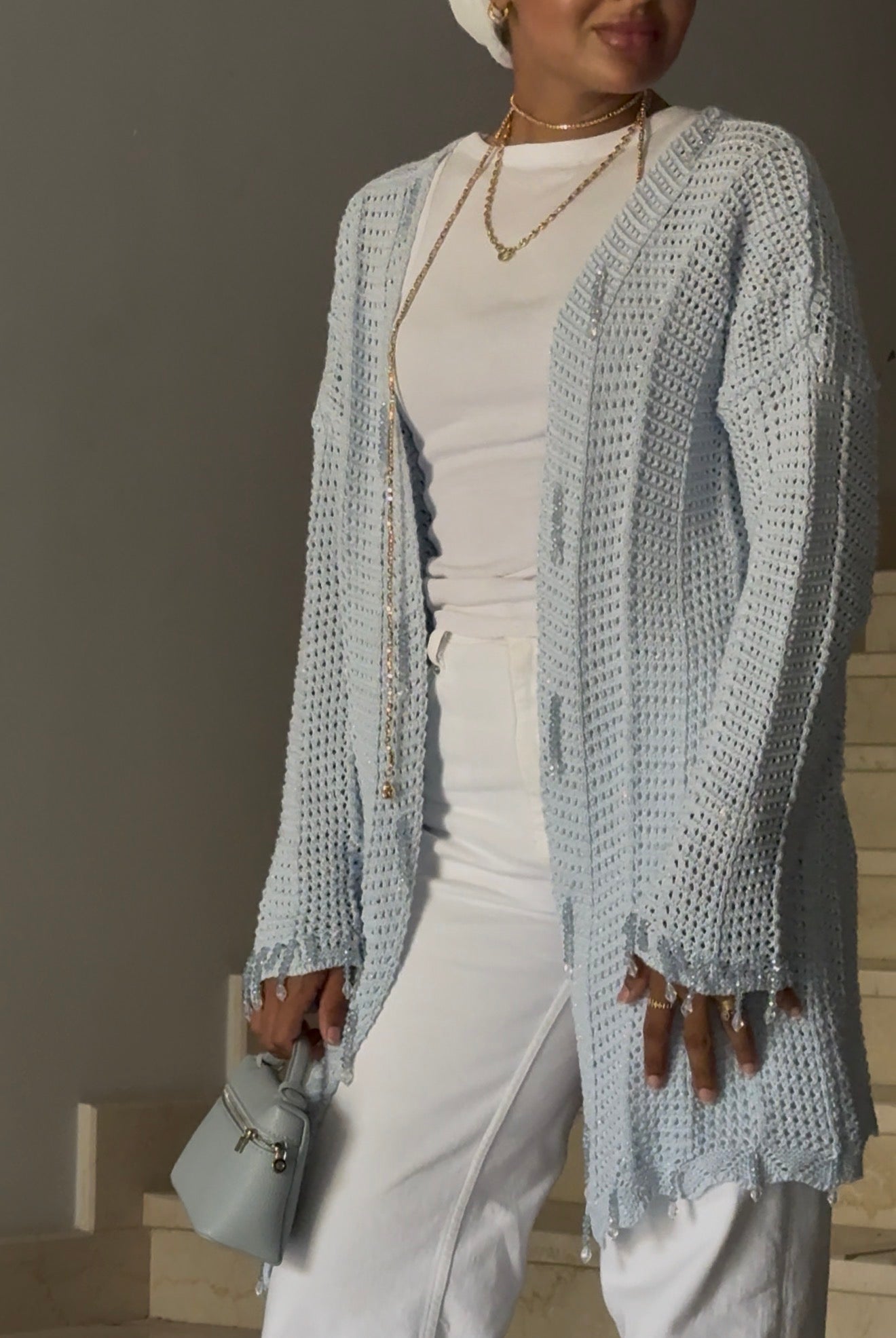 Beaded Knit Cardigan in Baby Blue