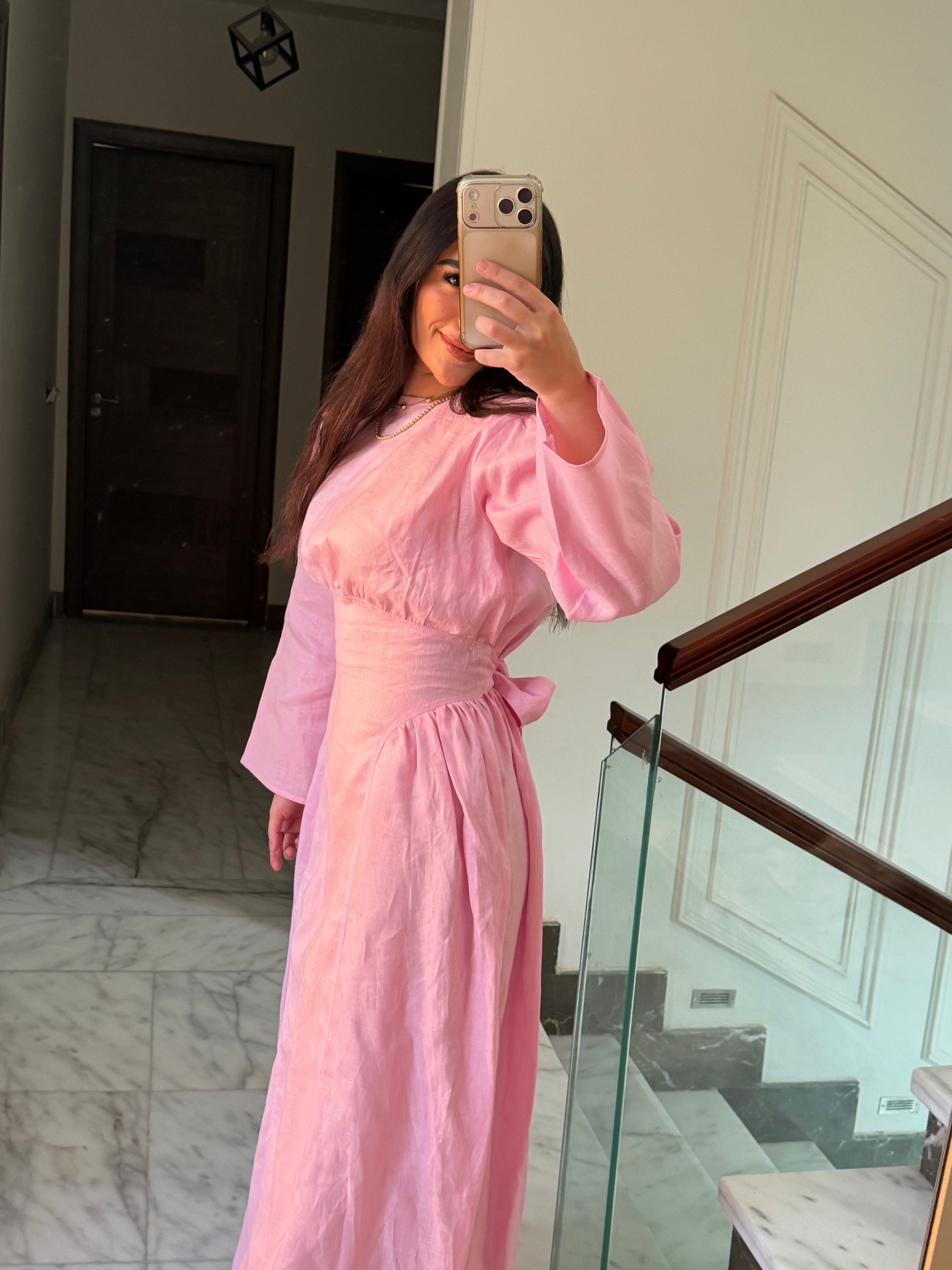 Soft Pink Waisted Dress (Full Sleeves)