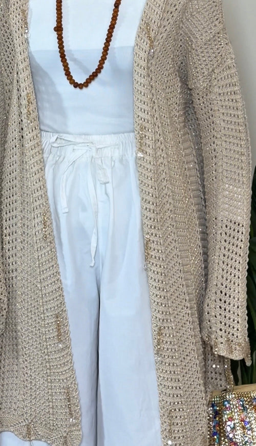 Beaded Knit Cardigan in Beige
