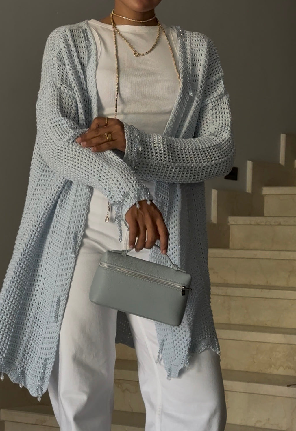 Beaded Knit Cardigan in Baby Blue