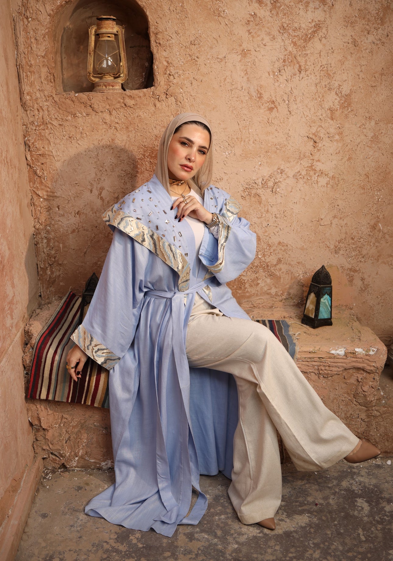 Moon Embellished Baby Blue Kaftan