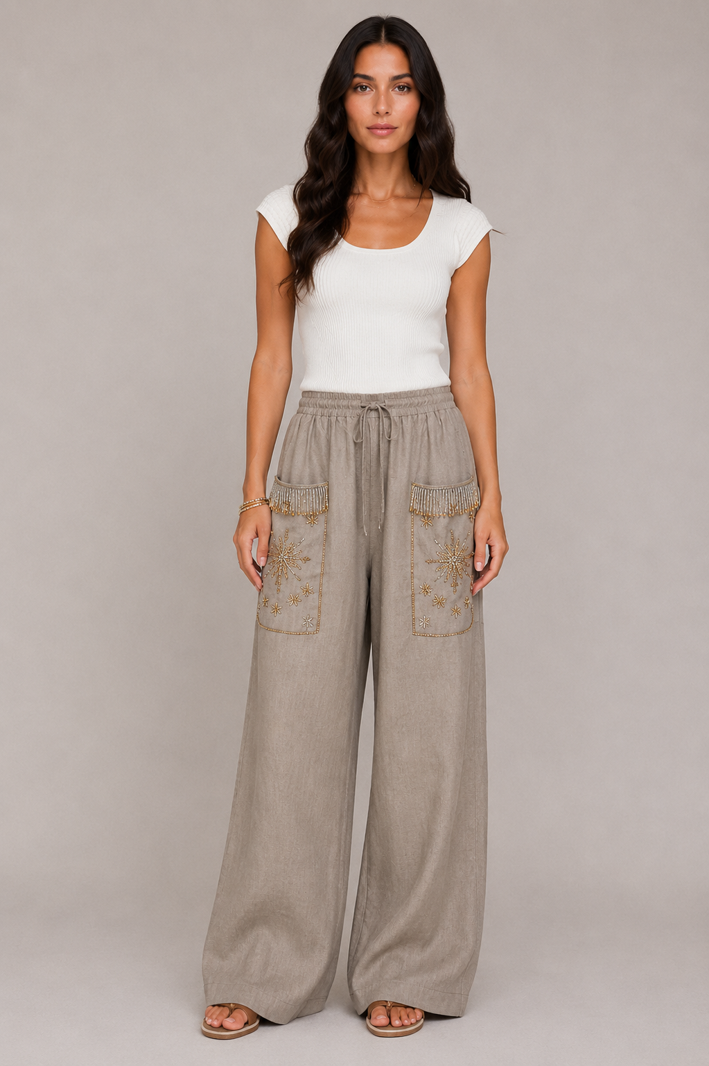 The Nomad Beaded Pants (only) in Taupe