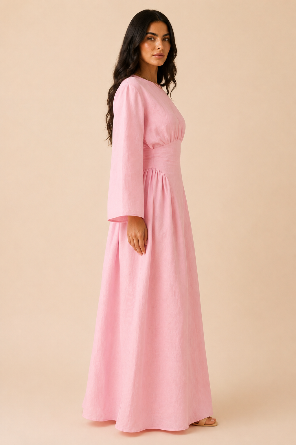Soft Pink Waisted Dress (Full Sleeves)