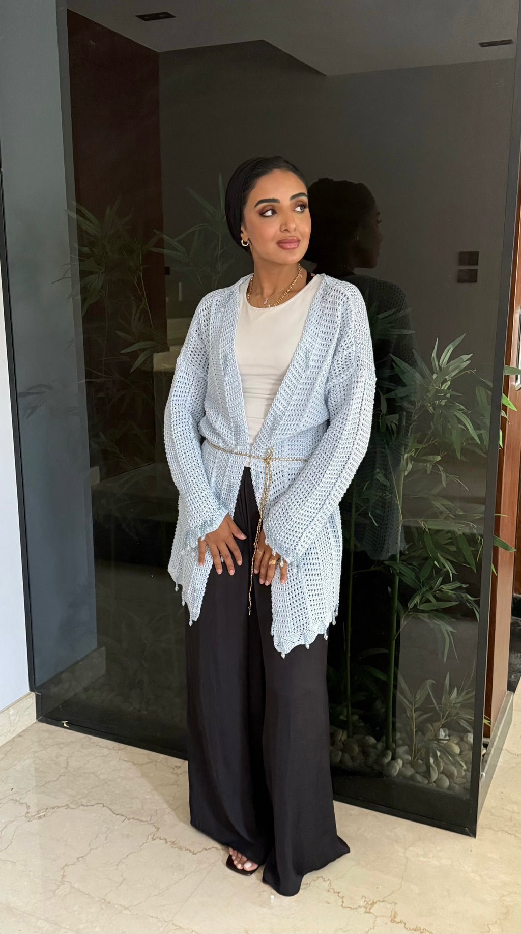 Beaded Knit Cardigan in Baby Blue