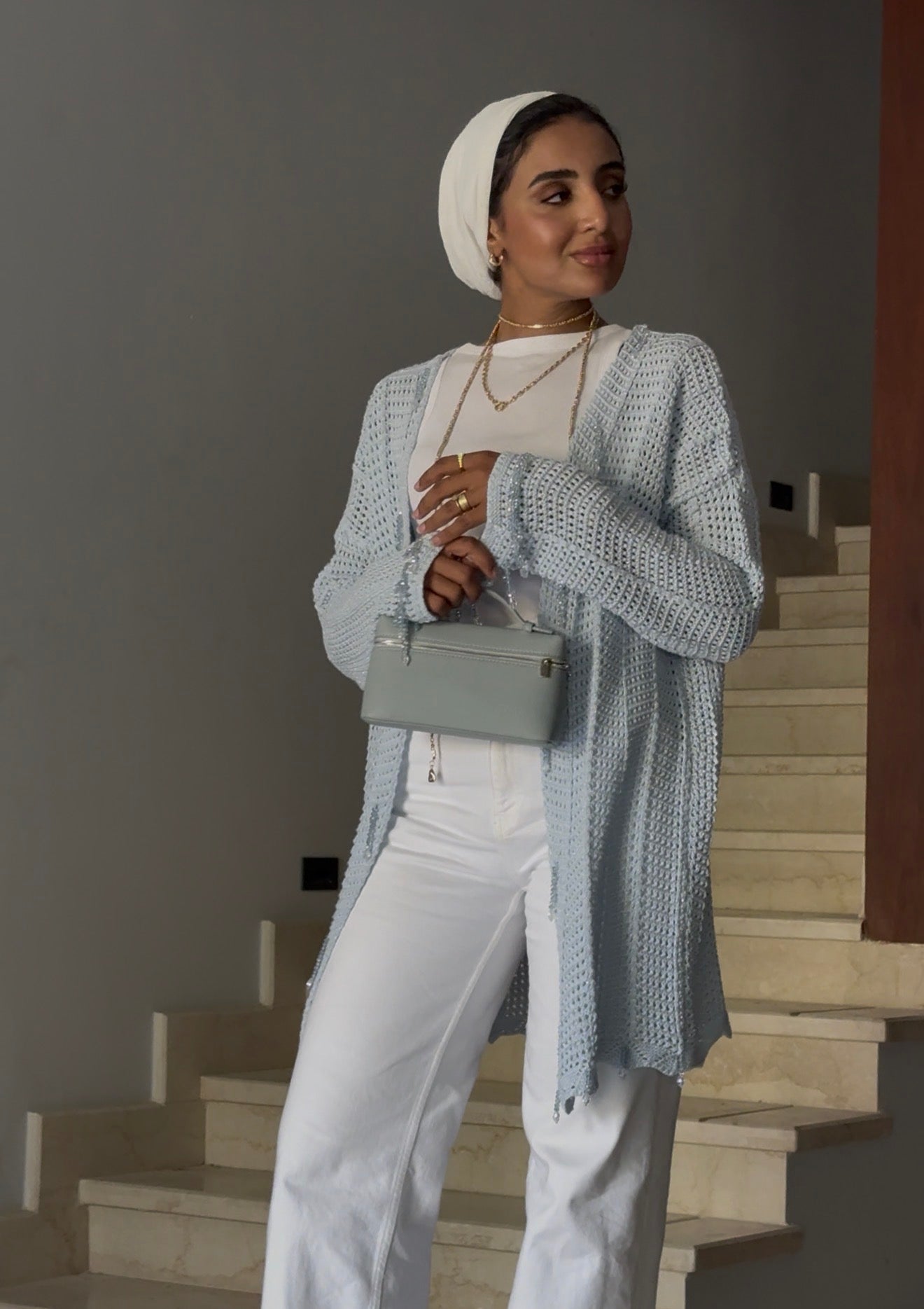 Beaded Knit Cardigan in Baby Blue
