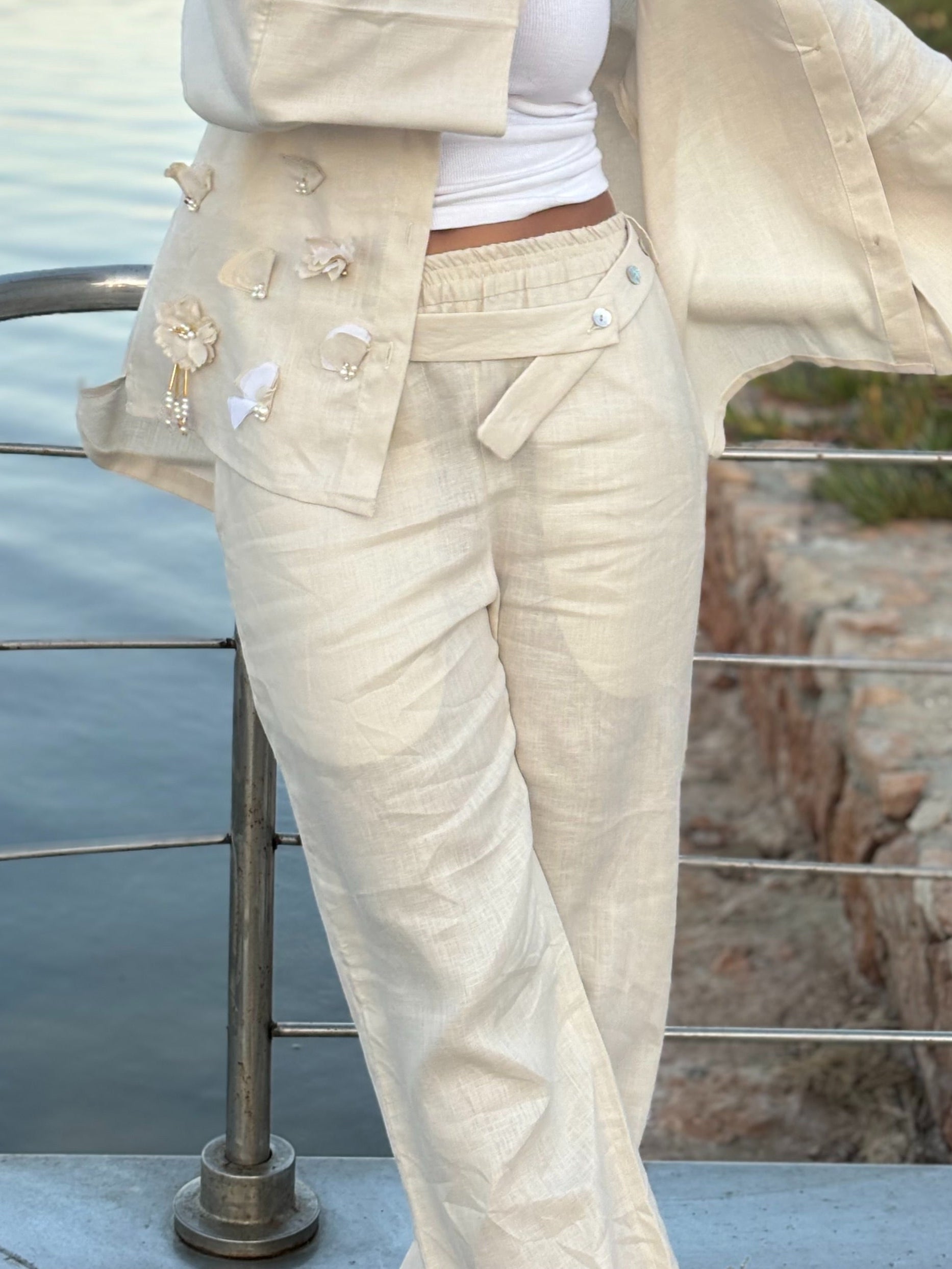 Beige Belted Linen Pants