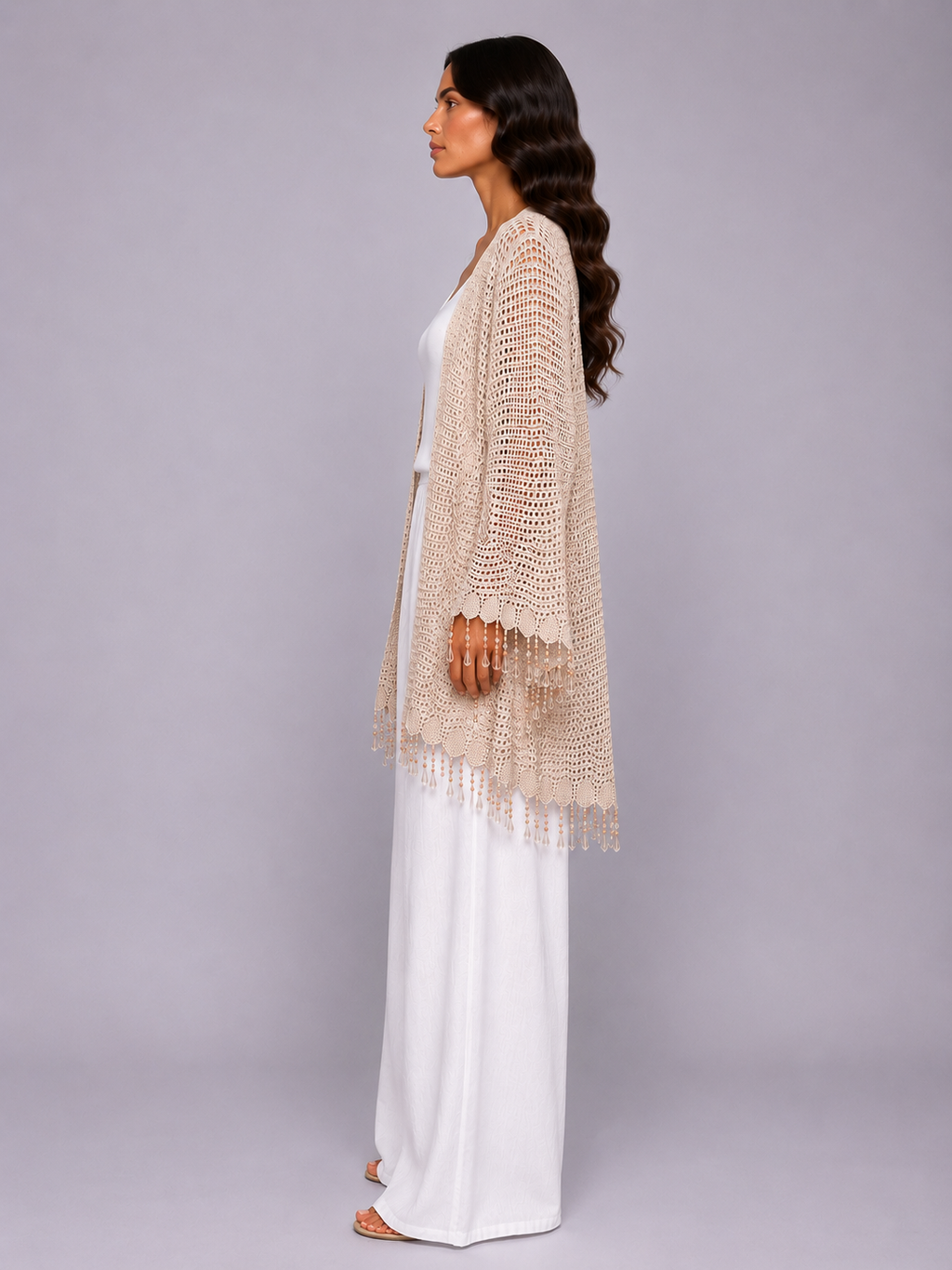 Beaded Knit Cardigan in Beige
