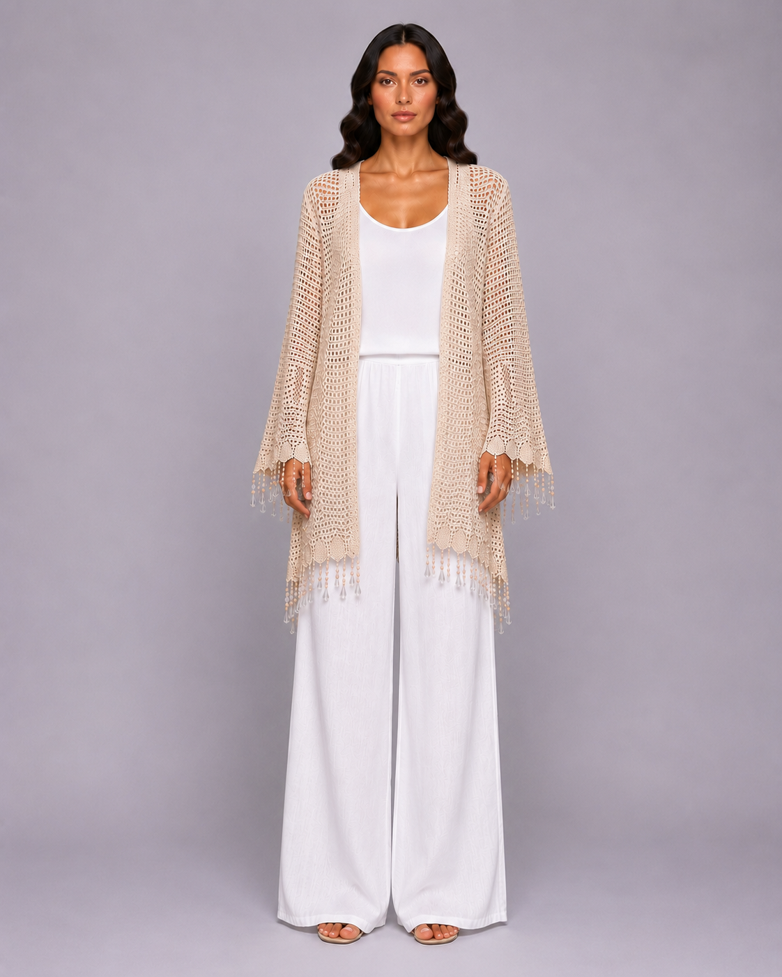 Beaded Knit Cardigan in Beige