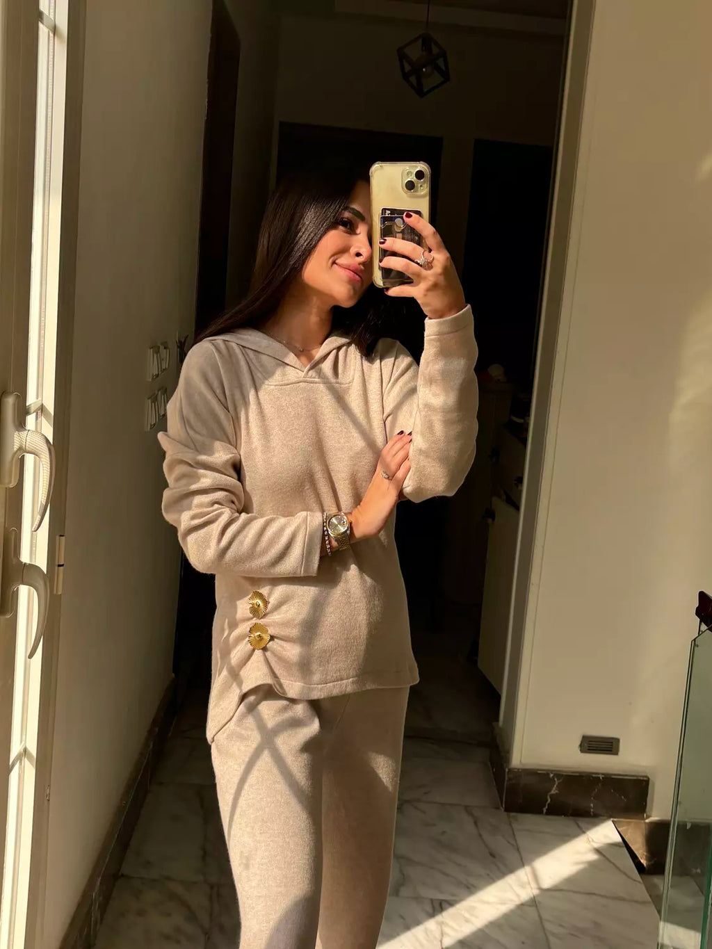 Buttoned Beige Knit Set